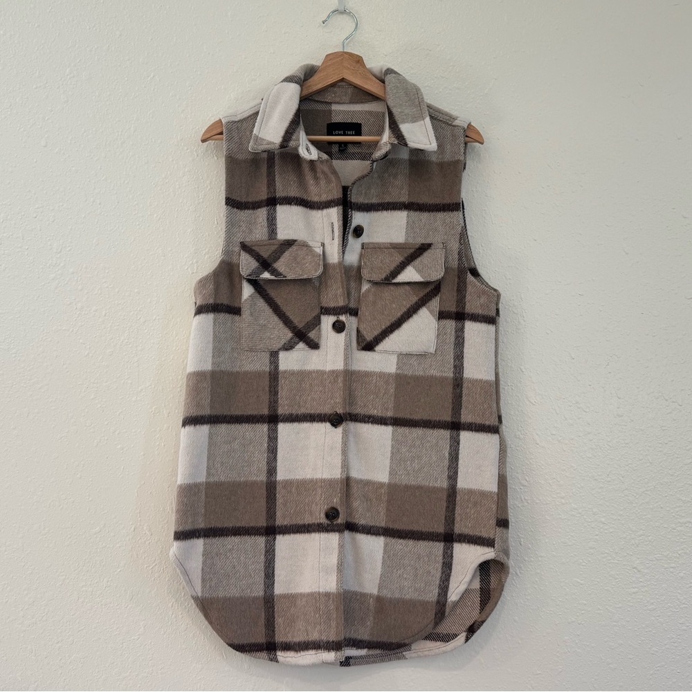 Love Tree Plaid Tunic Vest in Cream and Brown - Size Small